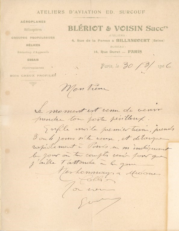 Lettre de Gabriel Voisin